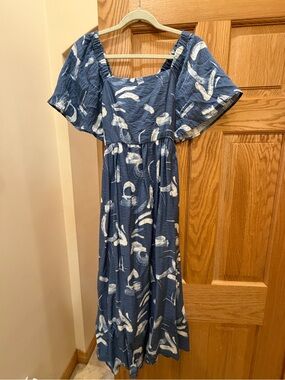 a new day Blue and White Printed Maxi Dress with Flutter Sleeves
